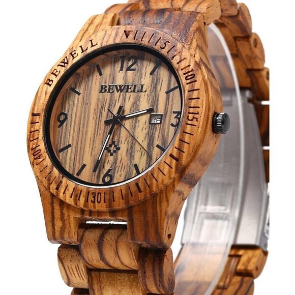 ✨ Bewell Analog Quartz Men Brown Wooden Handmade Movement Lightweight Watches - Picture 2 of 7